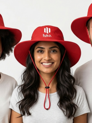Model wearing Ranger bucket hat red